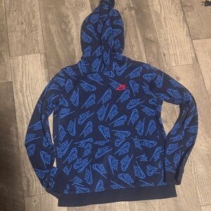 Nike Navy Hoodie with Bright Blue Logo Print and Red Swoosh